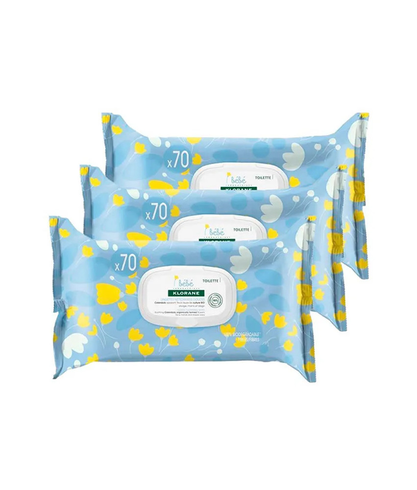 Lingettes nettoyantes douces Klorane Bébé Calendula - Lot de 3 x 70 Unités