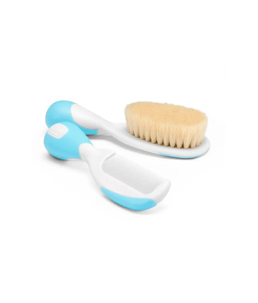 Brosse et peigne à cheveux naturels Chicco en bleu : l'essentiel pour les tout-petits