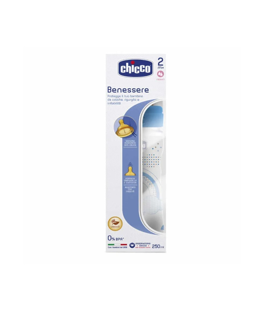 Biberon Chicco Well-Being Latex Moyen Débit Bleu 2M+ 250ml