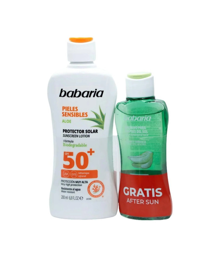 Babaria Aloe Protector Solar Spf50 Piel Sensible Resistente Al Agua 200ml Balsamo After Sun 1u